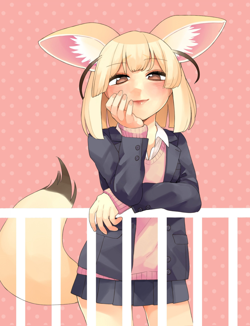 1girl absurdres animal_ear_fluff animal_ears bangs blazer blonde_hair blush brown_eyes cowboy_shot eyebrows_visible_through_hair fennec_(kemono_friends) fox_ears fox_tail hand_on_own_face highres initsukkii jacket kemono_friends long_sleeves looking_at_viewer pink_sweater pleated_skirt polka_dot polka_dot_background railing school_uniform shirt skirt smile solo sweater tail unbuttoned unbuttoned_shirt white_shirt