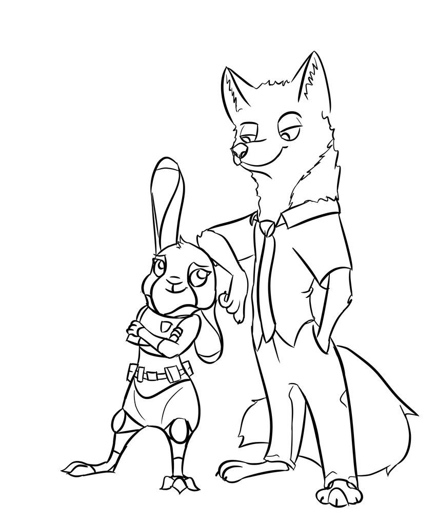 2017 anthro barefoot black_and_white bluedouble bulletproof_vest canine clothed clothing crossed_arms disney duo female fox hand_in_pocket judy_hopps lagomorph male mammal monochrome nick_wilde police_uniform rabbit simple_background smile uniform white_background zootopia