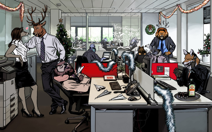 anthro avian billmund bird canine cervine clothed clothing deer feline female fox group inside leopard lion male mammal monotreme office owl paper_plane pigeon platypus snow_leopard