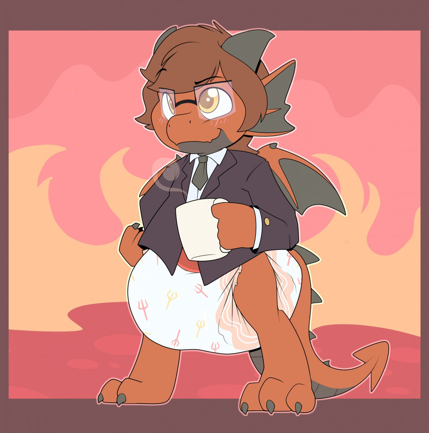 anthro beverage bottomless brown_hair clothed clothing coffee cub cuddlehooves diaper dragon eyewear glasses hair male necktie red_scales scales simple_background smile solo suit wings young