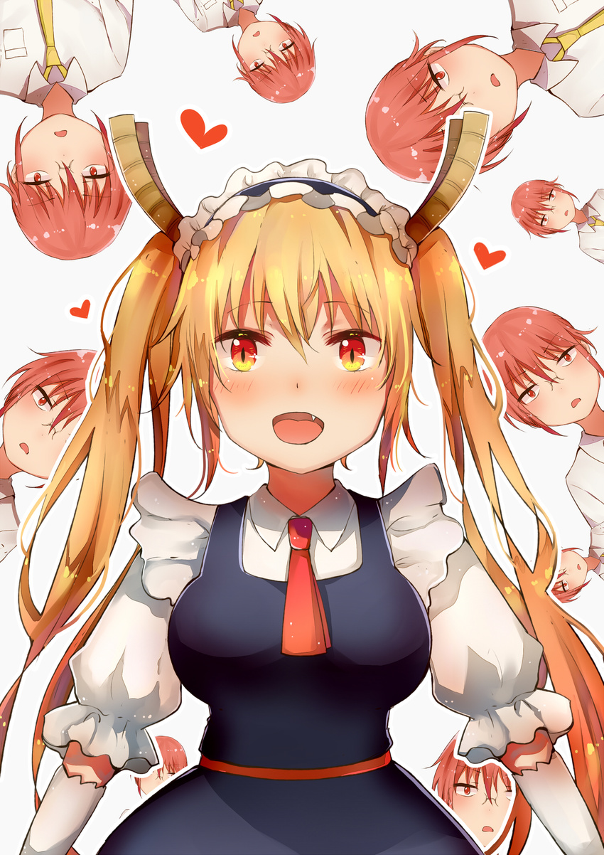 :d blonde_hair dragon_girl dragon_horns elbow_gloves fang glasses gloves highres horns kobayashi-san_chi_no_maidragon kobayashi_(maidragon) long_hair looking_at_viewer maid maid_headdress milktower multiple_girls necktie open_mouth orange_eyes ponytail red_eyes red_hair slit_pupils smile tooru_(maidragon) white_gloves