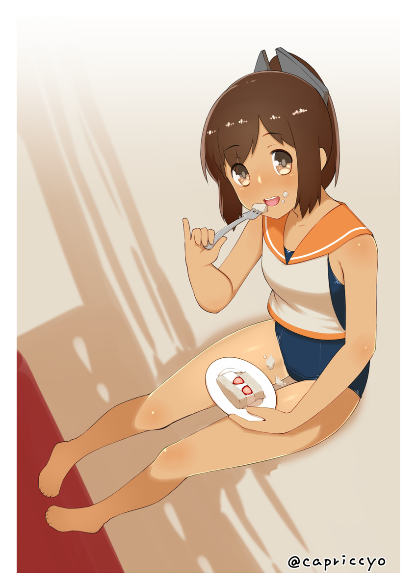 :d bare_legs barefoot brown_eyes brown_hair cake capriccyo food food_on_face fork fruit highres holding holding_fork holding_plate i-401_(kantai_collection) kantai_collection open_mouth plate ponytail sailor_collar sailor_shirt school_swimsuit shirt short_hair sleeveless smile solo strawberry swimsuit teeth
