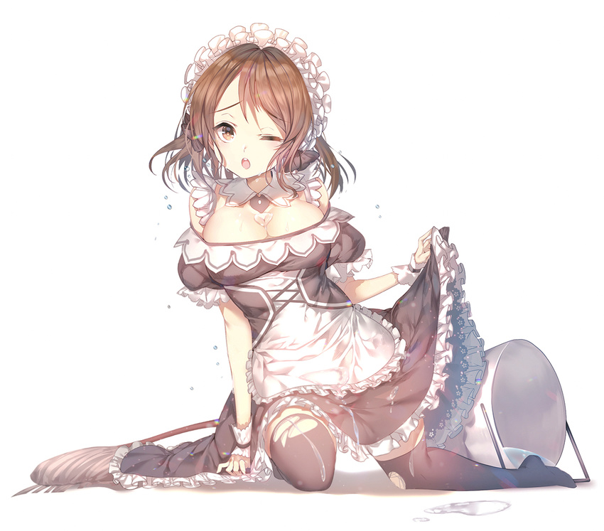 aile_(crossroads) apron black_legwear breasts brown_eyes brown_hair bucket commentary_request detached_collar huge_breasts long_hair maid maid_apron maid_headdress mop one_eye_closed open_mouth original shadow solo spill thighhighs wet wet_clothes white_background