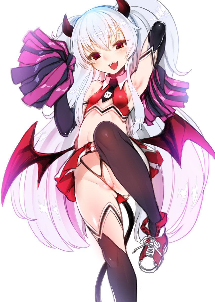1girl absurdres bangs black_gloves black_legwear breasts cheerleader crop_top crossed_bangs demon_horns demon_tail demon_wings elbow_gloves eyebrows_visible_through_hair fangs gloves grim_aloe harigane_shinshi highres horns long_hair looking_at_viewer low_wings midriff miniskirt open_mouth panties pleated_skirt pom_poms quiz_magic_academy red_eyes red_horns red_wings shoes skirt sleeveless small_breasts sneakers solo standing standing_on_one_leg tail thighhighs thong twintails underwear white_background white_hair wings