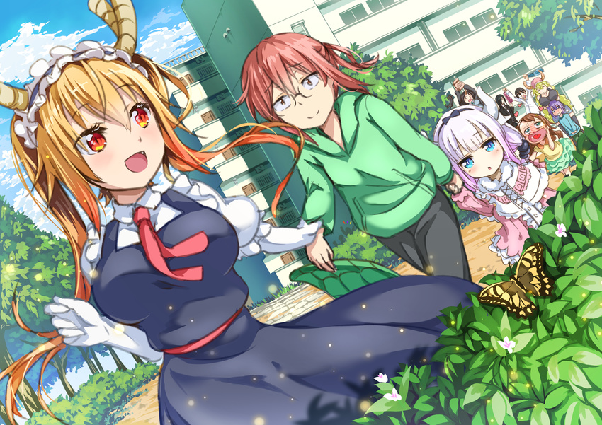 6+girls :d ^_^ black_hair blonde_hair blue_eyes bohegao breasts brown_eyes brown_hair chestnut_mouth closed_eyes commentary_request dragon_girl dragon_horns dragon_tail elma_(maidragon) everyone fafnir_(maidragon) hair_bobbles hair_ornament hairband heart heart_in_mouth hellnyaa highres holding_hands horns huge_breasts jitome kanna_kamui kobayashi-san_chi_no_maidragon kobayashi_(maidragon) lavender_hair long_hair low_twintails magatsuchi_shouta maid maid_headdress multiple_boys multiple_girls open_mouth orange_eyes purple_hair quetzalcoatl_(maidragon) red_hair saikawa_riko short_hair slit_pupils smile tail takiya_makoto tooru_(maidragon) twintails