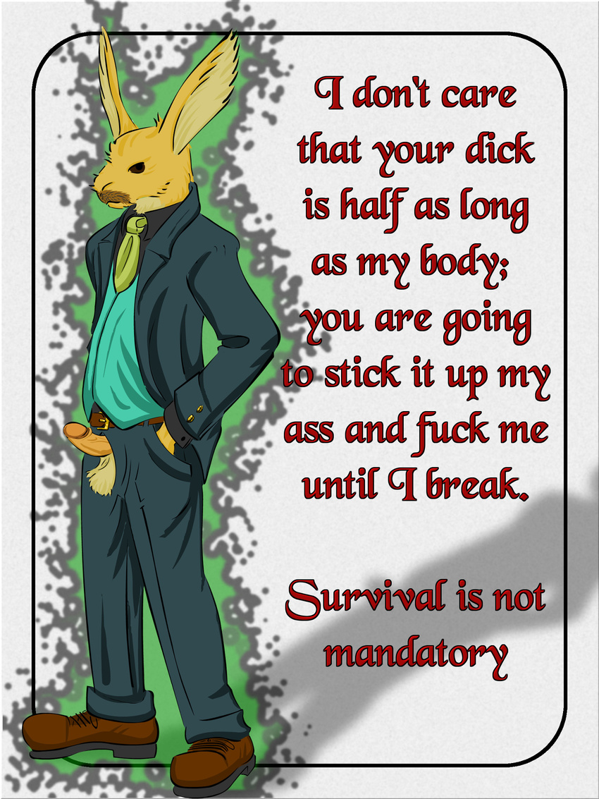2017 anthro aura balls bojog clothed clothing cock_through_fly demon english_text erection footwear fur humanoid lagomorph looking_at_viewer male mammal necktie pants penis rabbit shirt shoes simple_background solo standing suit text tundur vest