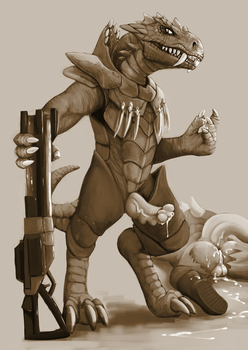 after_sex alien animal_genitalia anus armor backsack balls claws cum cum_drip cum_from_ass cum_string digitigrade dripping duo erection fangs genital_slit holding_object holding_weapon leaking_anus lizard lizardlars looking_at_viewer monochrome penis perineum quake rail_gun reptile sabertooth_(feature) scalie sepia slit solo_focus sorlag standing unusual_penis weapon