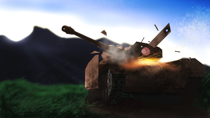 anglerfish battle_damage caterpillar_tracks girls_und_panzer grass ground_vehicle highres military military_vehicle motor_vehicle muzzle_brake no_humans panzerkampfwagen_iv smoke sparks tank vipper_captain