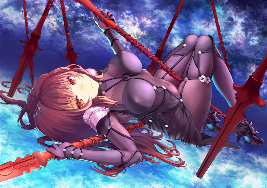 a_taisa bodysuit erect_nipples fate/grand_order scathach_(fate/grand_order) thighhighs weapon