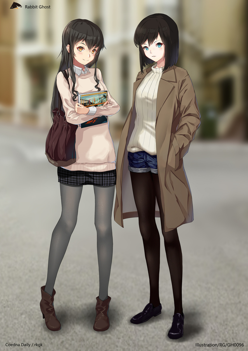 absurdres artist_name bag black_hair black_legwear blue_eyes blurry brown_eyes depth_of_field full_body gh_(chen_ghh) highres long_hair multiple_girls original pantyhose ribbed_sweater short_hair short_shorts shorts sweater thighs