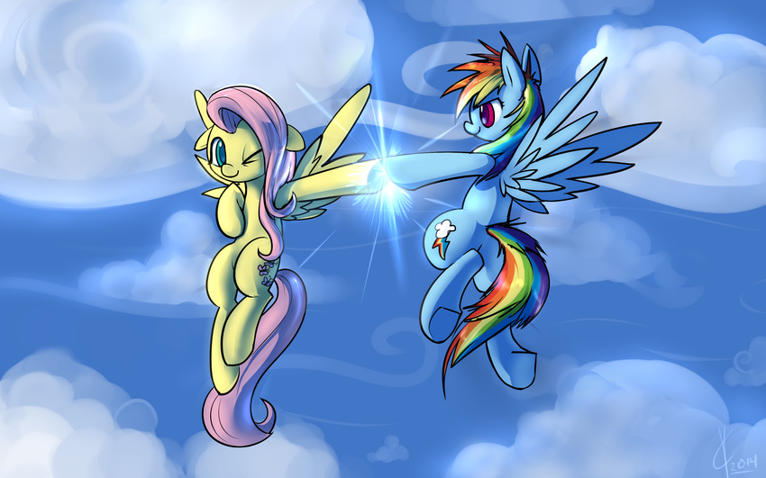 16:10 2014 blue_feathers blue_fur cloud cloudscape cutie_mark duo equine feathered_wings feathers female feral fluttershy_(mlp) flying friendship_is_magic fur hair hi_res high_five long_hair mammal multicolored_hair multicolored_tail my_little_pony one_eye_closed outside pegasus pink_hair purple_eyes rainbow_dash_(mlp) rainbow_hair rainbow_tail simple_background sky smile teal_eyes valcron wings yellow_fur