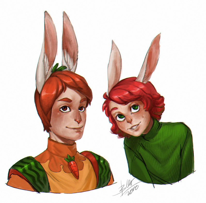 ambiguous_gender anthro clothed clothing daryabler duo hair inner_ear_fluff lagomorph mammal rabbit simple_background smile