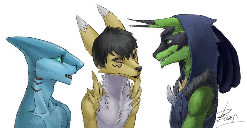 anthro clothed clothing daryabler digimon fish fur gills group hair lucario male marine nintendo nude pok&eacute;mon renamon shark smile teeth video_games