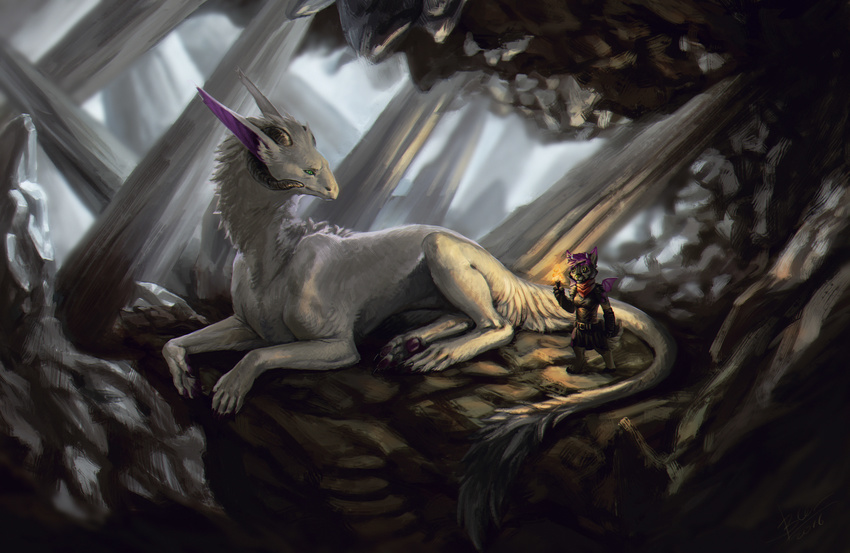 ambiguous_gender anthro canine cave clothed clothing daryabler dragon duo feral fur furred_dragon horn hybrid male mammal smile