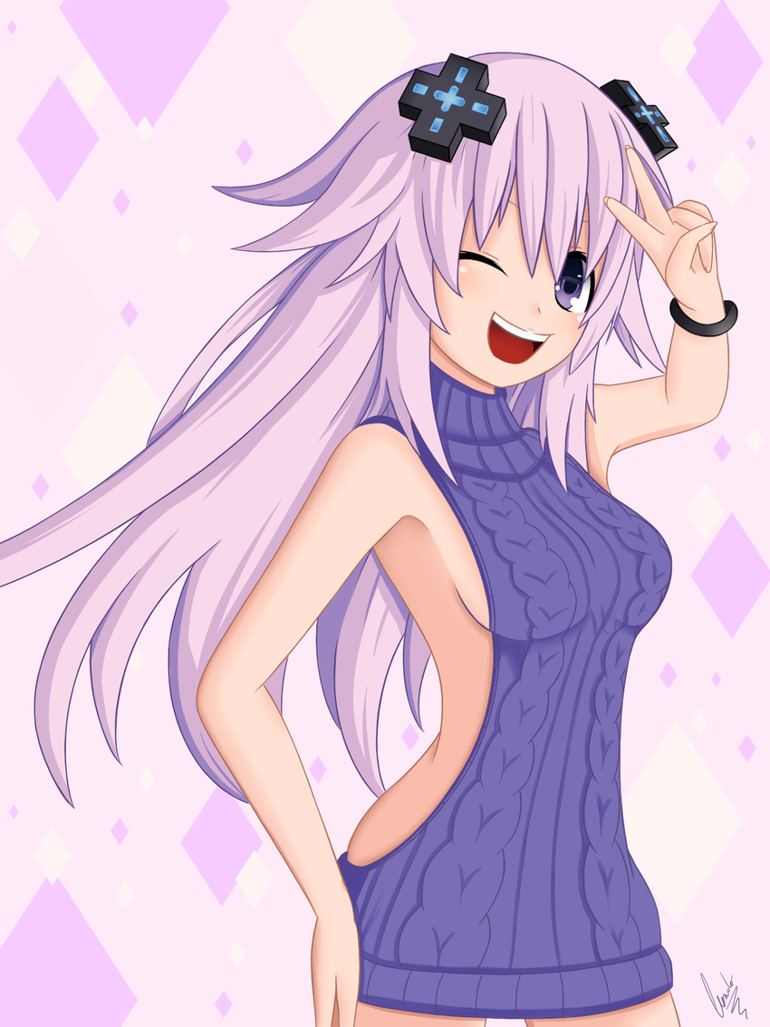 adult_neptune backless_dress backless_outfit bad_id bad_pixiv_id bare_back blush breasts cundodeviant d-pad d-pad_hair_ornament dress hair_ornament halterneck highres looking_at_viewer medium_breasts meme_attire naked_sweater neptune_(series) no_bra no_panties one_eye_closed open_mouth purple_eyes purple_hair purple_sweater shin_jigen_game_neptune_vii shiny shiny_hair shiny_skin sideboob solo striped striped_legwear sweater sweater_dress sweater_vest tied_hair turtleneck turtleneck_sweater v virgin_killer_sweater