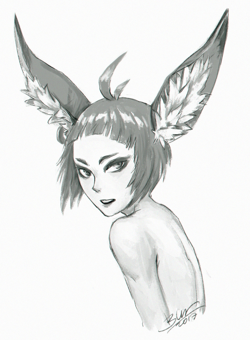 ambiguous_gender animal_humanoid daryabler hair humanoid lagomorph looking_at_viewer mammal monochrome nude rabbit_humanoid sketch solo