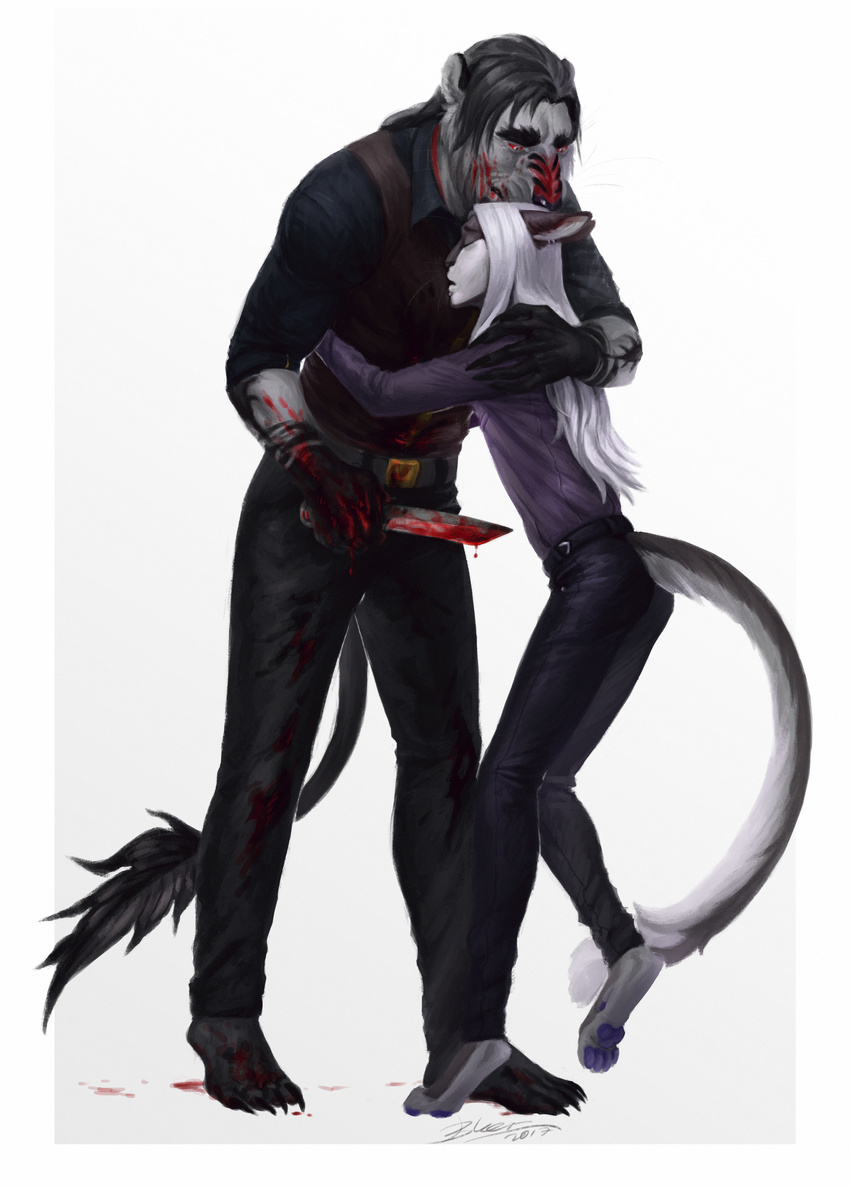 anthro blood clothed clothing daryabler duo feline fur hair hug knife male mammal standing tiger whiskers