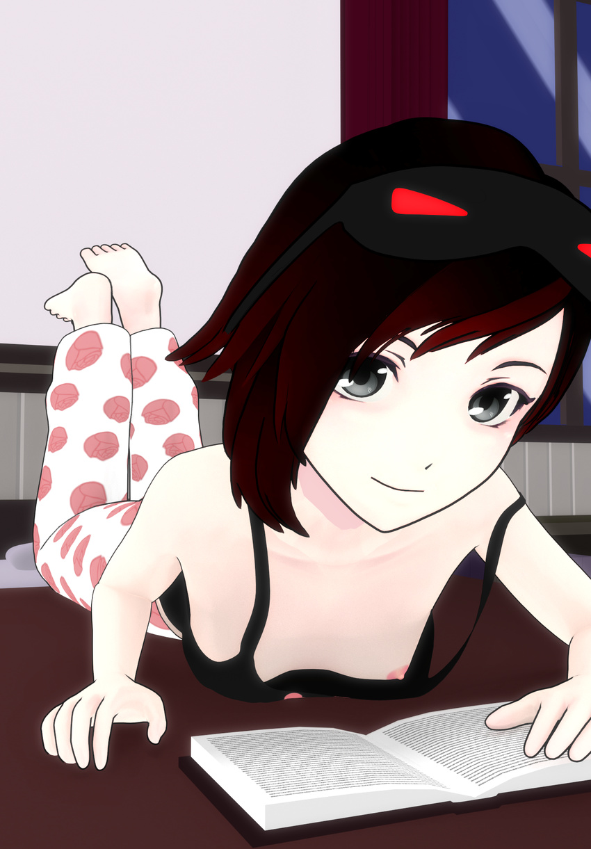 3d barefoot breasts camisole nipple pajamas ruby_rose rwby silver_eyes wardrobe_malfunction