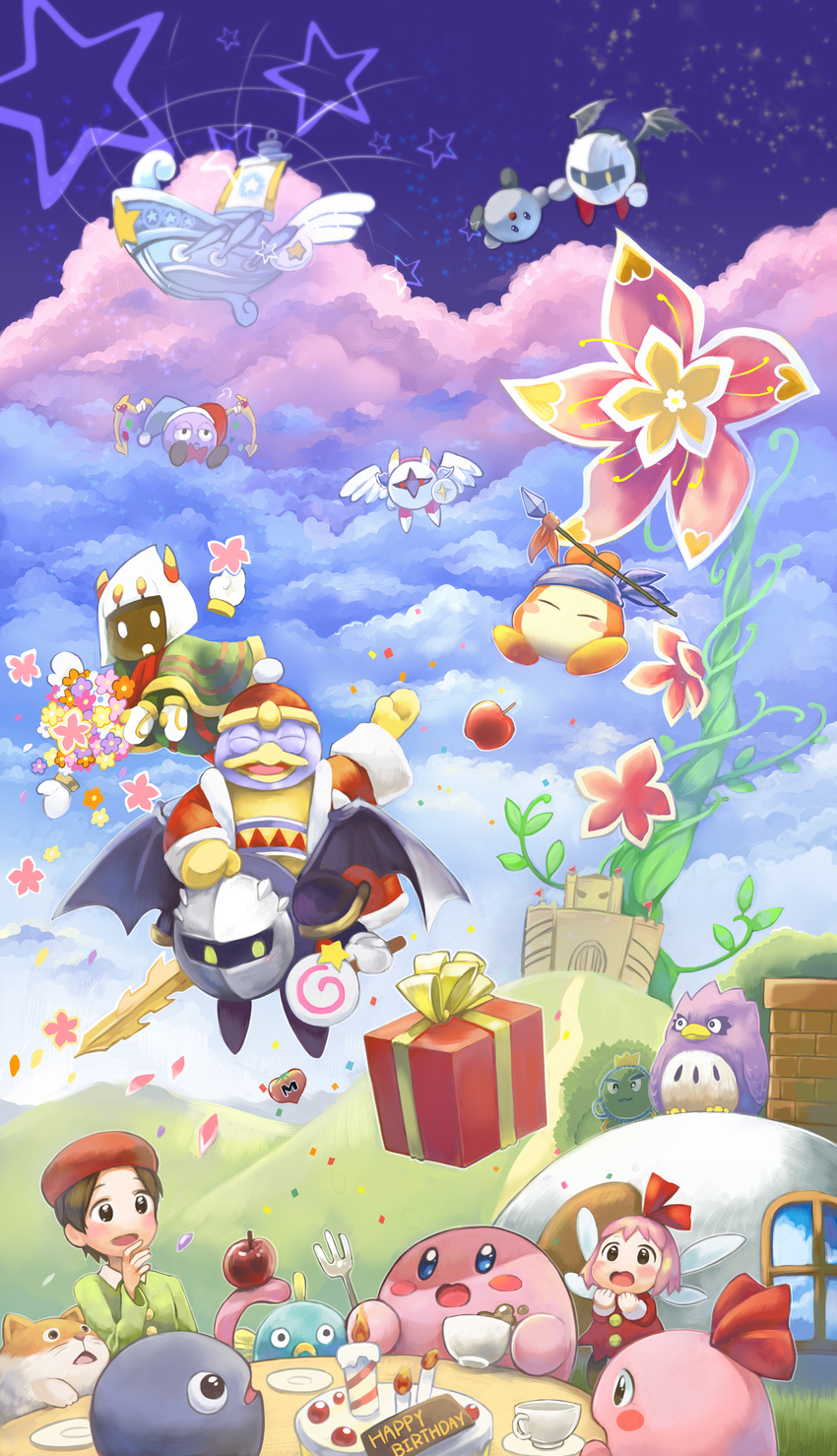 6+boys absurdres adeleine amripo angel_wings apple bandana bandana_waddle_dee black_eyes bow bowtie brown_hair cake candle candy castle character_request chuchu_(kirby) cloud coat coo_(kirby) cup dark_meta_knight day flower food fork fruit galacta_knight galaxia_(sword) gift gloves gooey hair_ribbon happy_birthday highres hill house kine_(kirby) king_dedede kirby kirby's_dream_land_2 kirby's_dream_land_3 kirby's_epic_yarn kirby's_return_to_dream_land kirby:_triple_deluxe kirby_(series) kirby_64 kirby_super_star kirby_super_star_ultra lollipop lor_starcutter marx mask maxim_tomato meta_knight multiple_boys multiple_girls pink_hair plant plate polearm prince_fluff ribbon ribbon_(kirby) rick_(kirby) shadow_kirby shield ship spear star sword taranza teacup vines watercraft weapon white_gloves wings yellow_eyes