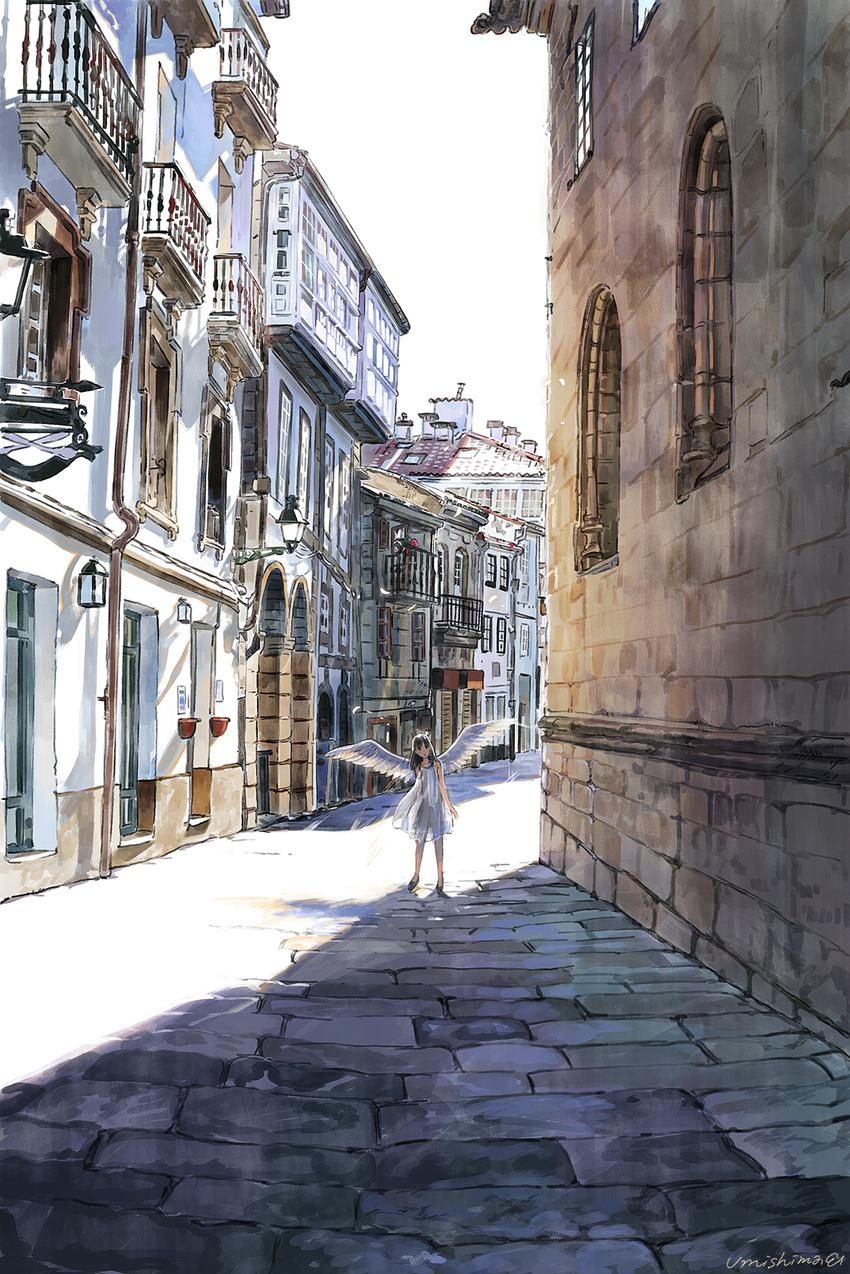 alley angel angel_wings brown_hair building city commentary day dress highres lamp long_hair muted_color open_mouth original portugal real_world_location road scenery see-through_silhouette shade signature sky street sundress sunlight umishima_senbon white_dress white_wings wings