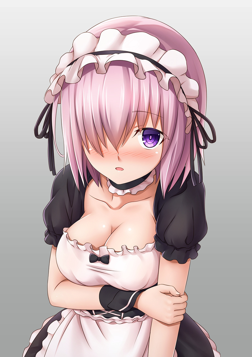 :o apron black_bow black_choker black_dress black_ribbon blush bow breasts choker cleavage collarbone commentary dress eyebrows_visible_through_hair fate/grand_order fate_(series) fingernails frilled_choker frills gradient gradient_background grey_background hair_over_one_eye hair_ribbon hairband highres holding_arm large_breasts lolita_hairband looking_at_viewer looking_up maid mash_kyrielight morokoshi_(tekku) nose_blush pink_hair puffy_short_sleeves puffy_sleeves purple_eyes ribbon shiny shiny_hair shiny_skin short_hair short_sleeves solo upper_body waist_apron white_apron wrist_cuffs