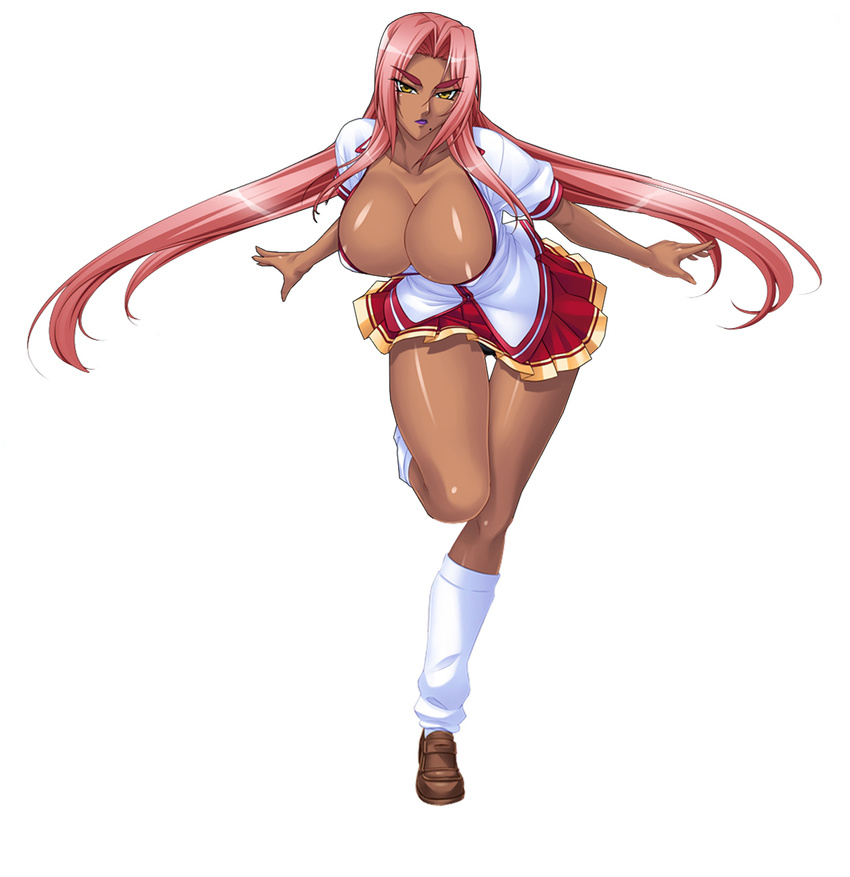 00s 1girl blush breasts cleavage dark_skin female full_body game_cg hair_intakes hands head_tilt huge_breasts ingrid_(taimanin_asagi) kagami_hirotaka leaning_forward lilith-soft lipstick long_hair looking_at_viewer makeup mole pink_hair s school_uniform shiny shiny_clothes shiny_hair shiny_skin simple_background solo standing taimanin_(series) taimanin_asagi taimanin_murasaki thighhighs underboob underwear very_long_hair yellow_eyes