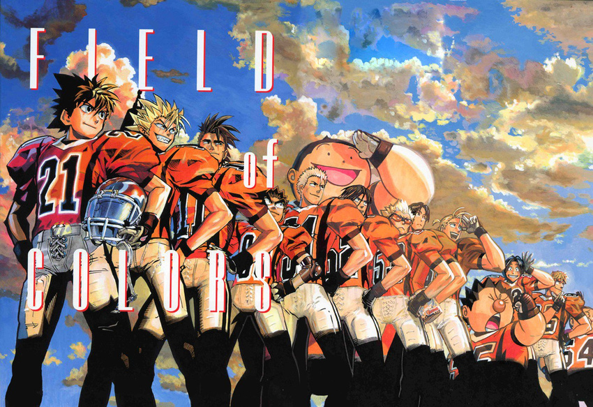 black_hair blonde_hair brown_hair character_request cloud cloudy_sky dusk eyeshield_21 football_helmet football_uniform gloves grin group_picture hands_on_hips headwear_removed helmet helmet_removed hiruma_youichi juumonji_kazuki kobayakawa_sena komusubi_daikichi kurita_ryokan kuroki_kouji lineup male_focus multiple_boys murata_yuusuke omosadake_futoshi raimon_tarou satake_yohei shoulder_pads sky smile spiked_hair sportswear taki_natsuhiko toganou_shouzou yamaoka_kenta