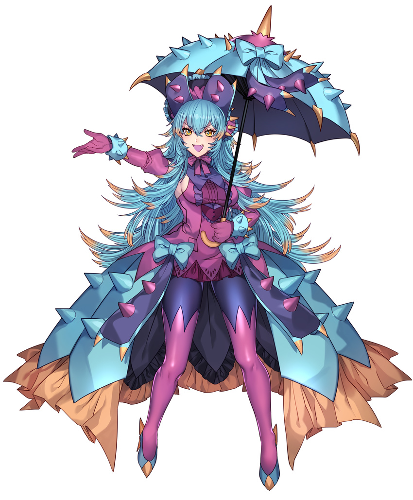 aqua_hair bonnet bow bracelet breasts commentary_request dress elbow_gloves fangs frilled_dress frills full_body gen_7_pokemon gloves high_heels highres holding holding_umbrella jewelry katagiri_hachigou long_hair medium_breasts multicolored multicolored_eyes multicolored_hair open_mouth orange_hair personification pokemon purple_gloves purple_legwear sideboob simple_background solo spikes spiky toxapex umbrella white_background