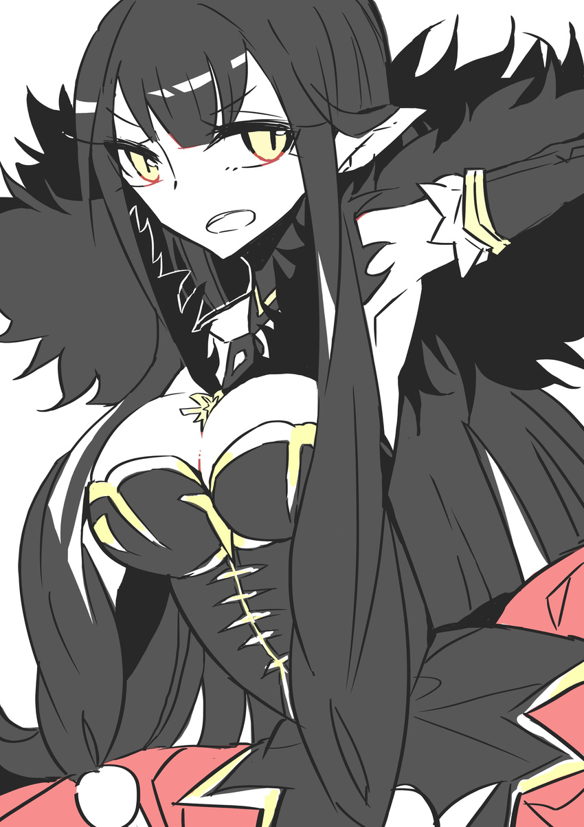 1girl assassin_of_red black_hair breasts choker cleavage dress fate/apocrypha fate_(series) frills long_hair open_mouth pointy_ears yellow_eyes