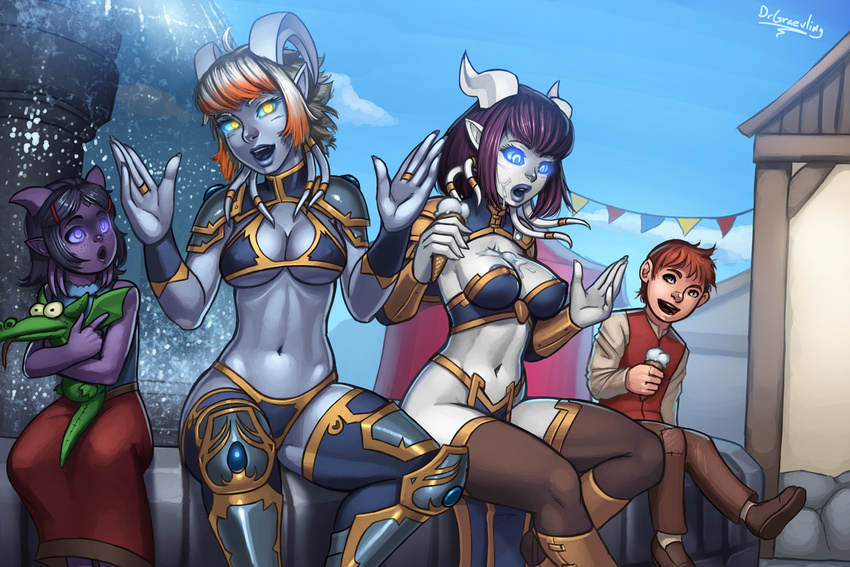 areola armor breasts cleavage clothed clothing dessert draenei dragon drgraevling female food footwear fountain group hair human humanoid ice ice_cream male mammal monara navel nipple_bulge open_mouth outside plushie ring scalie shoes sitting skimpy video_games warcraft young
