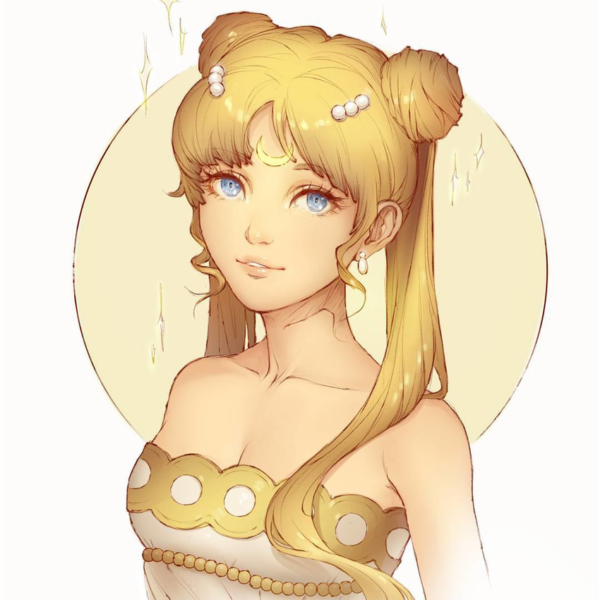 bare_shoulders beads bishoujo_senshi_sailor_moon blonde_hair blue_eyes breasts cleavage collarbone crescent double_bun dress earrings facial_mark forehead_mark hair_beads hair_ornament jewelry lips lisa_buijteweg long_hair medium_breasts princess_serenity smile solo sparkle tsukino_usagi twintails upper_body white_dress