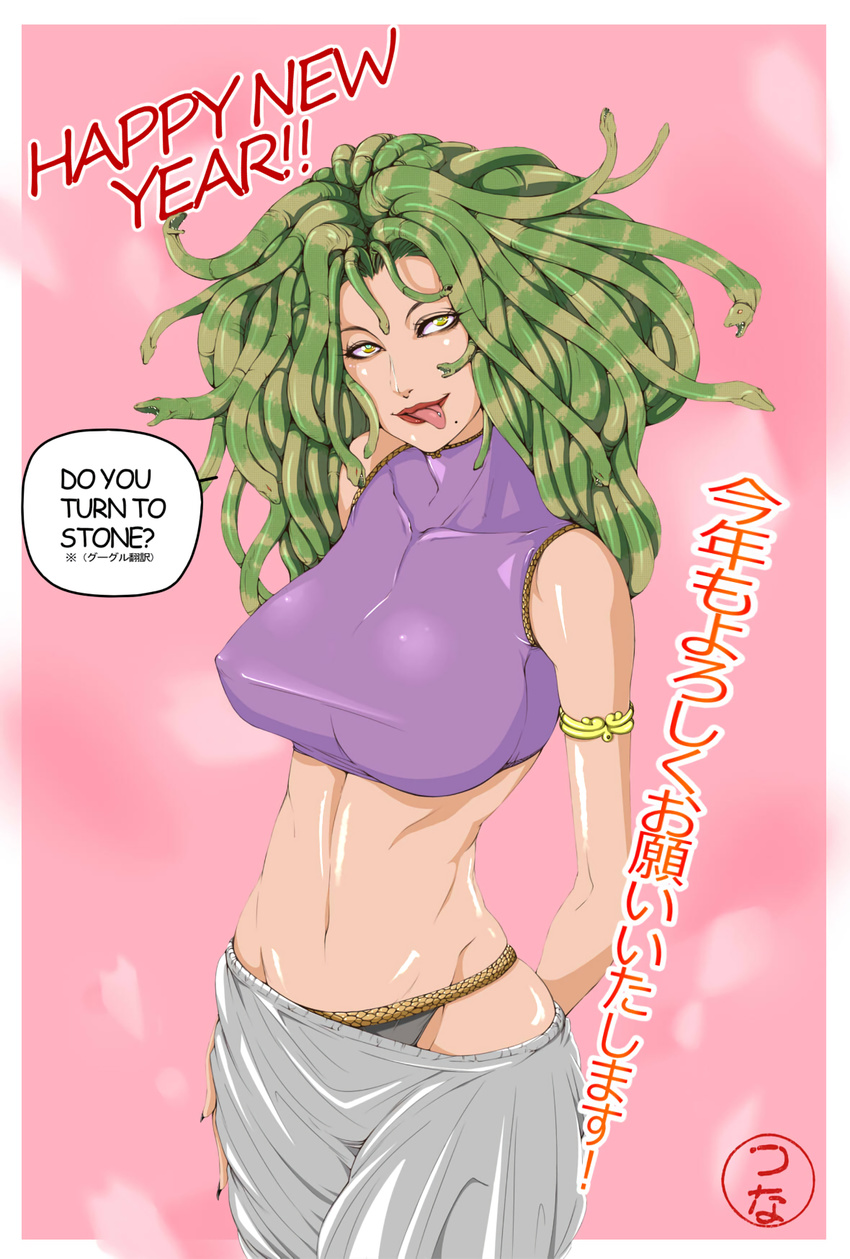 1girl armlet breasts gorgon greek_mythology green_hair highres large_breasts licking_lips lips medusa midriff monster_girl navel snake_hair solo taut_shirt text tongue tongue_out tongue_piercing tuna21 yellow_eyes