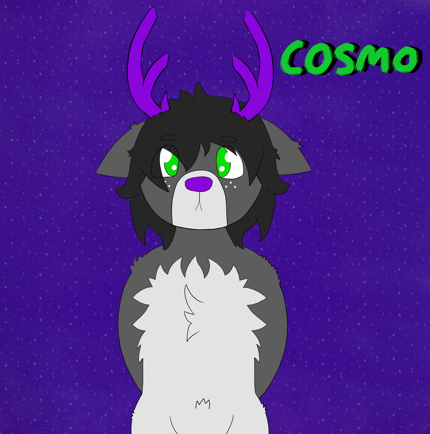 antlers black_hair cervine chest_tuft chibi cosmo deer fluffy fur green_eyes grey_fur hair horn mammal markings purple_nose shy simonsaysgreen simple_background text tuft