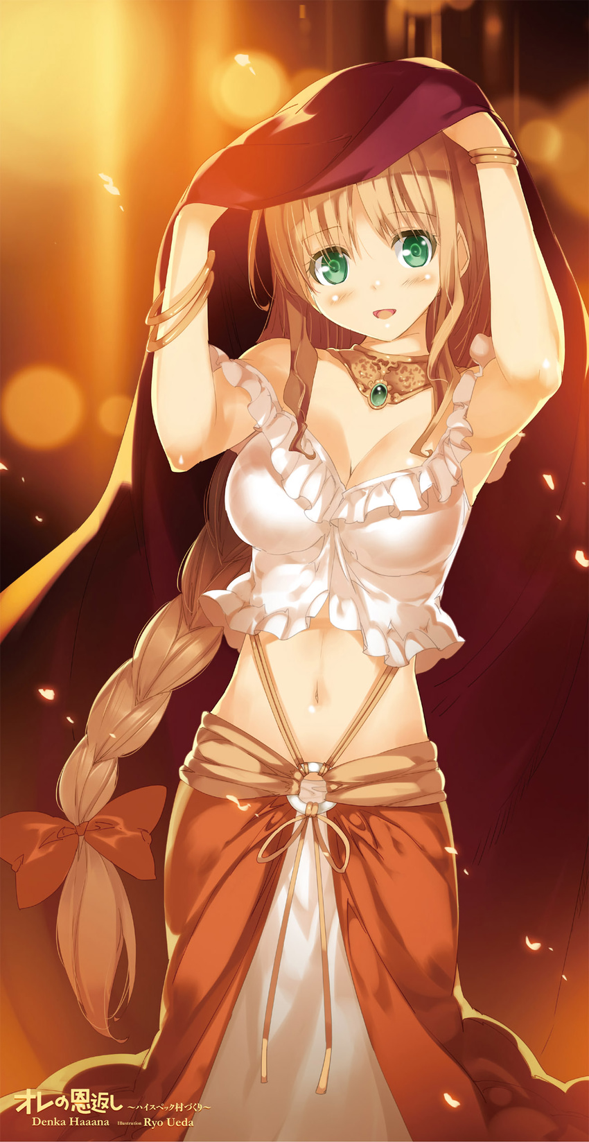 artist_name bangs bare_shoulders blush bow bracelet braid breasts brown_bow brown_hair character_name character_request cleavage cloak cowboy_shot crop_top drawstring eyebrows_visible_through_hair frills gem green_eyes hair_bow hands_up highres jewelry long_hair medium_breasts midriff navel necklace off_shoulder original shirt single_braid skirt sleeveless smile solo standing ueda_ryou very_long_hair white_shirt