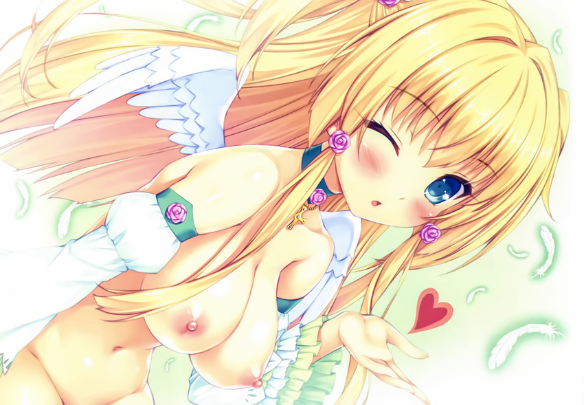 ;o angel_wings arm_at_side arm_support bangs blonde_hair blue_choker blue_eyes blurry blush boku_to_koi_suru_ponkotsu_akuma. breasts choker cross detached_sleeves eyebrows_visible_through_hair feathered_wings feathers flower frilled_sleeves frills fujima_emiri groin hair_flower hair_ornament hand_up hanging_breasts heart highres large_breasts long_hair long_sleeves looking_at_viewer navel nipples nude one_eye_closed open_mouth puffy_detached_sleeves puffy_sleeves sayori shiny shiny_skin sidelocks sitting solo spread_wings stomach white_wings wide_sleeves wings