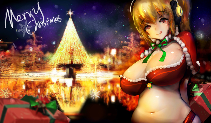 absurdres arms_behind_back bell belly blonde_hair breasts capelet christmas christmas_tree cleavage commentary curvy eyebrows_visible_through_hair gift green_ribbon headphones highres huge_breasts lapaco licking_lips merry_christmas midriff nitroplus plump pom_pom_(clothes) red_capelet reflection ribbon short_twintails skindentation snowflakes solo super_pochaco text_focus tongue tongue_out twintails