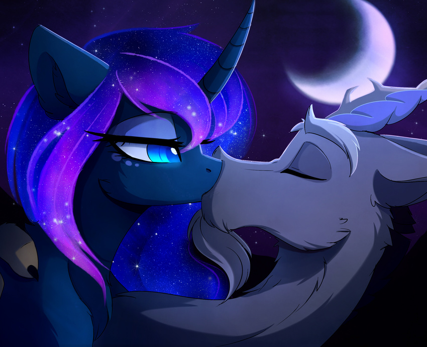 blue_eyes blue_fur cosmic_hair discord_(mlp) draconequus duo equine eyelashes eyes_closed female friendship_is_magic fur grey_fur horn kissing magnaluna male mammal moon my_little_pony night outside princess_luna_(mlp) unicorn