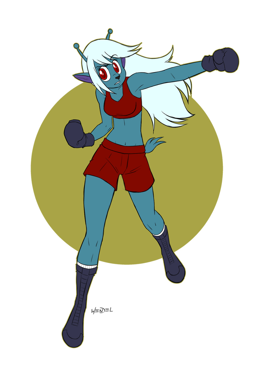 2017 alien antennae anthro blue_body boxing boxing_gloves clothed clothing digital_media_(artwork) drawing-4ever emoji_(race) female gloves hair humanoid looking_at_viewer mammal samurai_jack solo sport