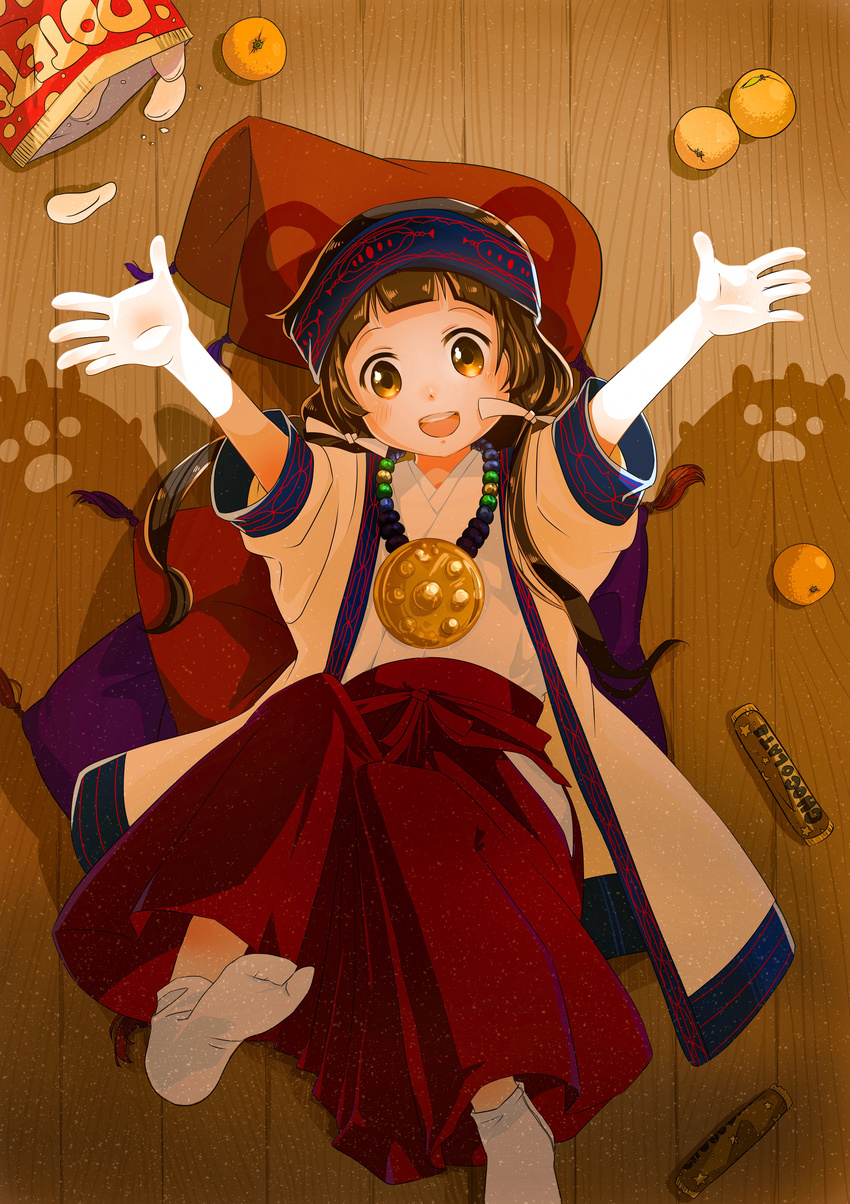 :d absurdres ainu_clothes amayadori_machi bag bangs blunt_bangs blush brown_eyes brown_hair chips chocolate_bar cushion flat_chest food from_above fruit full_body hair_ribbon hakama headband highres indoors japanese_clothes kumai_natsu kumamiko long_hair looking_at_viewer low_twintails lying mandarin_orange medallion miko on_back on_floor open_mouth outstretched_arms potato_chips red_hakama ribbon seo_hajime shadow short_sleeves smile tabi tassel teeth twintails white_legwear white_ribbon wooden_floor wrapper