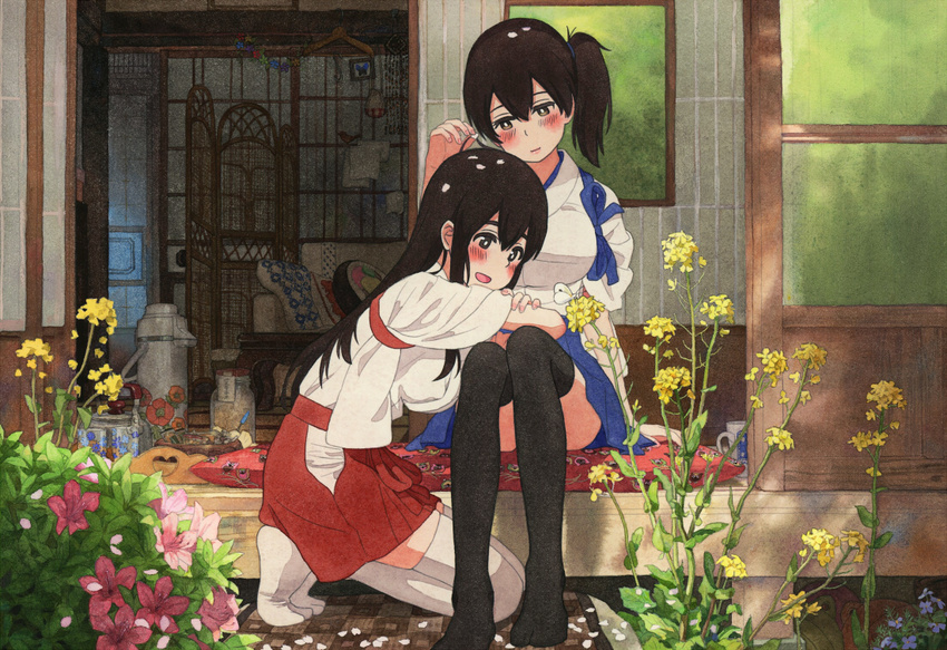 akagi_(kantai_collection) architecture arm_at_side azalea_(flower) black_legwear blue_skirt blush bright_pupils bug butterfly checkered commentary_request couch cup east_asian_architecture elbow_rest floral_print flower hair_between_eyes hakama hakama_skirt insect japanese_clothes jar kaga_(kantai_collection) kantai_collection kneeling lamp lips long_hair looking_at_another looking_down lying_on_lap miniskirt mug multiple_girls no_shoes open_mouth outdoors petals plant rapeseed_blossoms red_skirt shijukara_(great_tit) short_hair short_ponytail shouji side_ponytail sitting skirt sliding_doors straight_hair tasuki teapot thighhighs thighs traditional_media watercolor_(medium) white_legwear white_pupils wooden_floor yuri