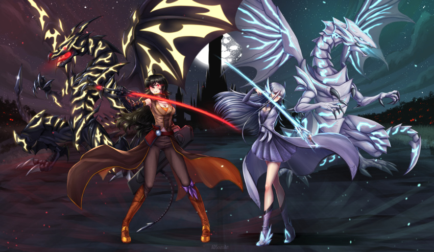 2girls adsouto ahoge asymmetrical_legwear belt black_gloves black_hair black_shorts black_vs_white black_wings blue-eyes_white_dragon blue_eyes blush boots breasts broken_moon brown_footwear brown_jacket buckle claws cleavage commentary commission cropped_jacket crossover dragon dragon_horns dragon_tail dragon_wings dress duel_monster earrings english_commentary eyebrows_visible_through_hair gloves glowing glowing_eyes hair_between_eyes high_collar high_heel_boots high_heels highres holding holding_sword holding_weapon horns jacket jewelry katana knee_boots kneehighs lace lace-trimmed_skirt large_breasts long_hair long_sleeves looking_at_viewer medium_breasts midriff monster moon multiple_girls myrtenaster necklace open_mouth orange_scarf outdoors over-kneehighs pendant petticoat puffy_short_sleeves puffy_sleeves rapier red-eyes_b._dragon red_eyes rwby scar scar_across_eye scarf sharp_teeth shirt short_sleeves shorts skirt smile standing strapless strapless_dress sword tail teeth thighhighs tiara tubetop very_long_hair waist_cape wavy_hair weapon weiss_schnee white_dress white_footwear white_hair white_wings wide_sleeves wings yang_xiao_long yellow_shirt yu-gi-oh!