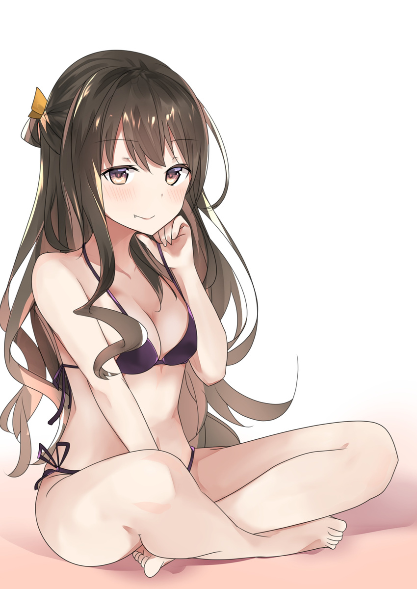 absurdres bangs barefoot bikini blush breasts brown_eyes brown_hair cleavage closed_mouth collarbone commentary_request eyebrows_visible_through_hair fang fang_out half_updo highres indian_style kantai_collection long_hair looking_at_viewer medium_breasts naganami_(kantai_collection) natsu_(sinker8c) navel purple_bikini side-tie_bikini sitting smile solo strap_pull swimsuit wavy_hair