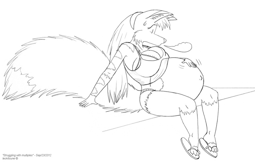 anthro armpits belly big_belly big_breasts bra breasts canine cat cleavage clothed clothing feline female flipflops fluffy fluffy_tail fox fur hair hand_on_stomach headband hybrid leokitsune mammal monochrome navel panting pregnant rubbing_belly simple_background sitting sketch stripes sweat sweatdrop underwear
