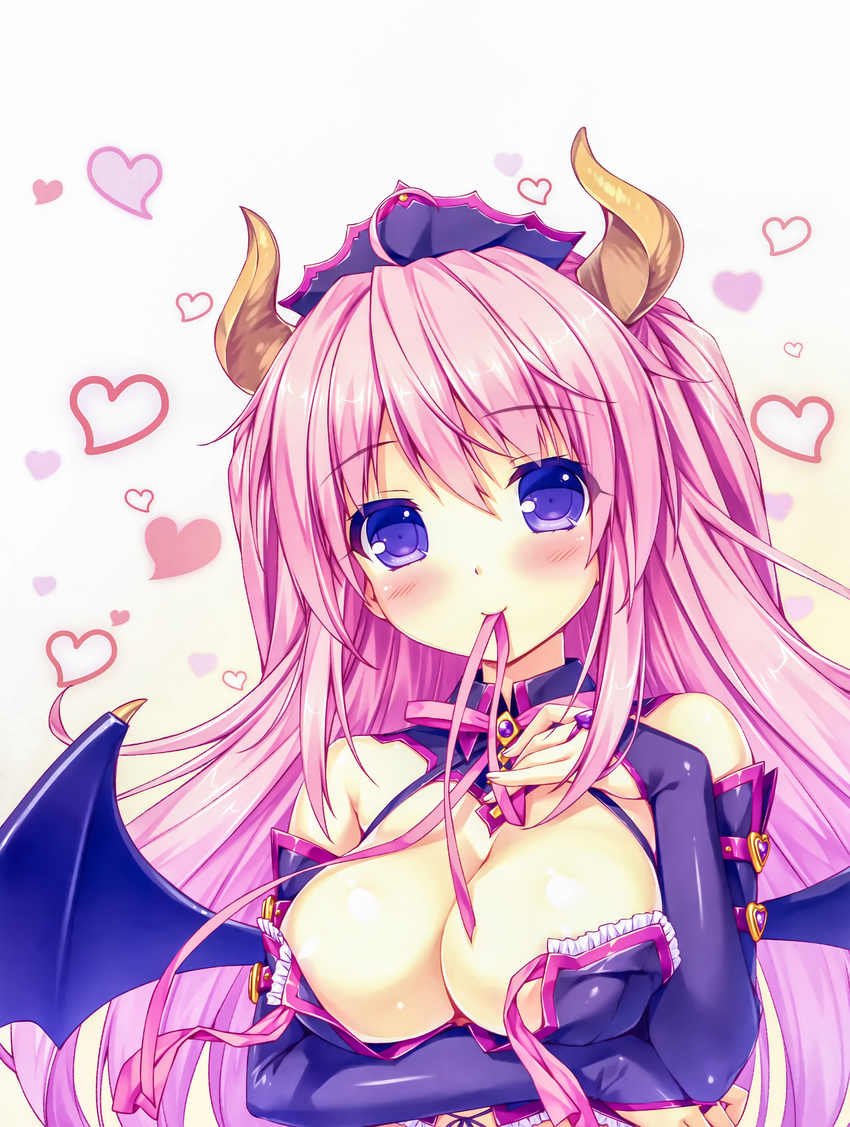 absurdres areolae bare_shoulders boku_to_koi_suru_ponkotsu_akuma. breast_hold breasts bridal_gauntlets bustier can cleavage demon_girl demon_wings detached_collar elbow_gloves eyebrows_visible_through_hair fingerless_gloves front-tie_top gloves hand_on_own_chest heart highres horns kiritani_riria large_breasts long_hair mouth_hold pink_hair purple_eyes purple_gloves ribbon ribbon_in_mouth sayori smile solo tiara untied upper_body wings
