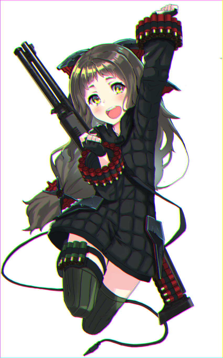 :d absurdres benelli_m1014 blush brown_hair character_request chromatic_aberration commentary_request fingerless_gloves full_body gloves green_legwear gun hand_up highres jumping long_hair low-tied_long_hair oota_youjo open_mouth original shotgun smile solo thighhighs weapon yellow_eyes zettai_ryouiki