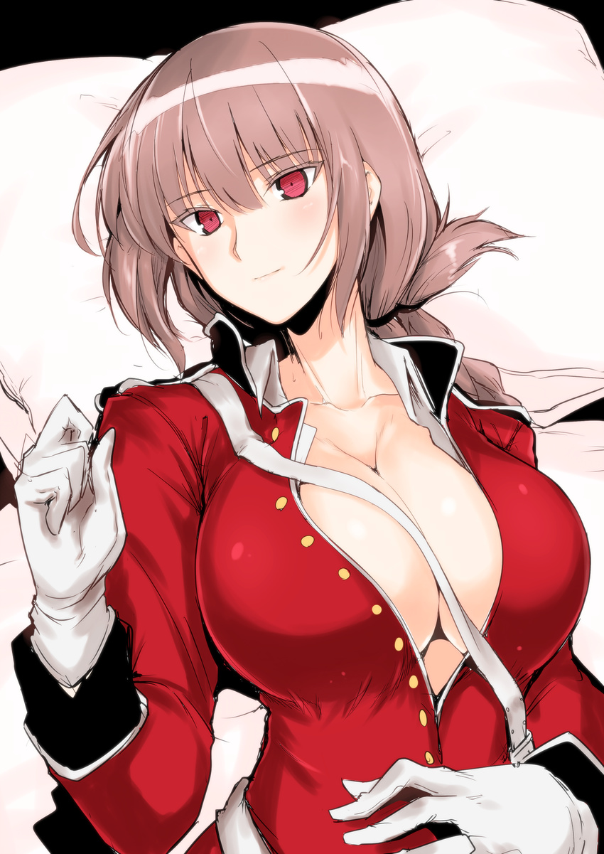 breasts cleavage fate/grand_order fate_(series) florence_nightingale_(fate/grand_order) garter_straps gloves hair_between_eyes hand_on_own_stomach hand_up harukon_(halcon) highres jacket large_breasts lying military military_uniform no_bra nurse on_back open_clothes open_jacket partially_unbuttoned red_eyes rubber_gloves sidelocks smile solo uniform upper_body white_legwear