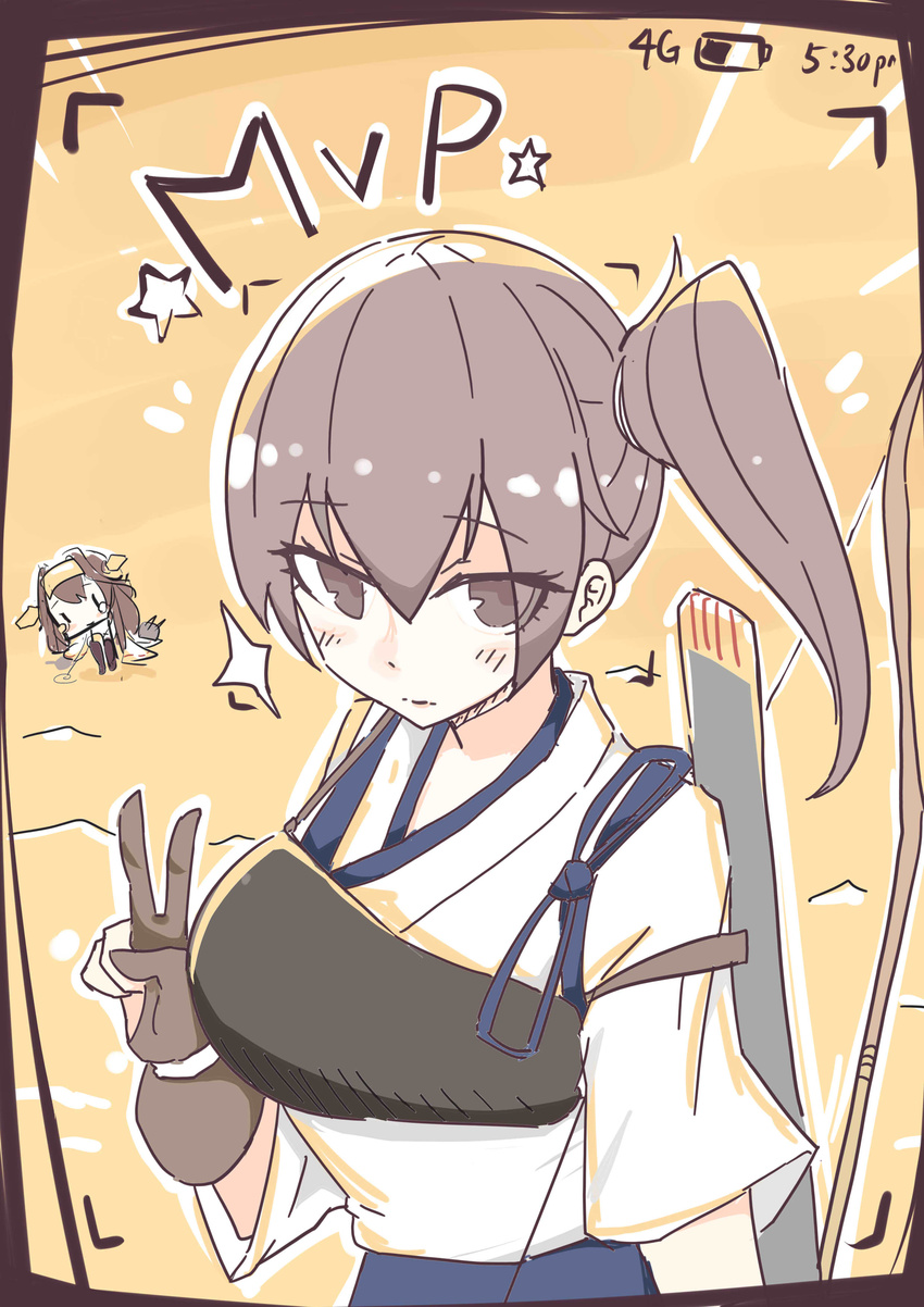 absurdres beancurd bow breasts brown_hair chibi commentary expressionless flight_deck gloves hakama highres japanese_clothes kaga_(kantai_collection) kantai_collection kongou_(kantai_collection) large_breasts looking_at_viewer multiple_girls muneate nontraditional_miko partly_fingerless_gloves phone_screen side_ponytail smile sparkle star tears v yugake