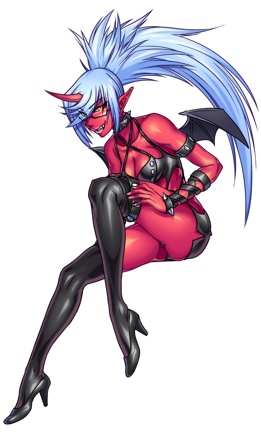 1girl aozoraichi blue_hair bracelet breasts cleavage collar demon_girl fang full_body glasses high_heels horn kneesocks_(psg) long_hair monster_girl panty_&amp;_stocking_with_garterbelt pointy_ears ponytail red_skin spiked_bracelet spiked_collar spikes thighhighs wings