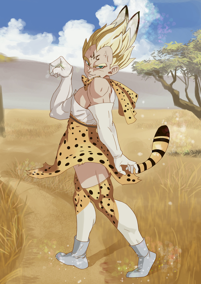 absurdres animal_ears animal_print bare_shoulders blonde_hair blue_sky boots cloud commentary cosplay crossdressing day dragon_ball dragon_ball_z elbow_gloves extra_ears eyebrows facial_mark forehead_mark full_body gloves green_eyes highres kemono_friends looking_at_viewer majin_vegeta male_focus muscle nature outdoors savannah serval_(kemono_friends) serval_(kemono_friends)_(cosplay) serval_ears serval_print serval_tail shirt short_hair skirt sky sleeveless sleeveless_shirt smile solo standing tail thighhighs trait_connection usagiherb_(z753503634) vegeta what white_footwear white_shirt zettai_ryouiki