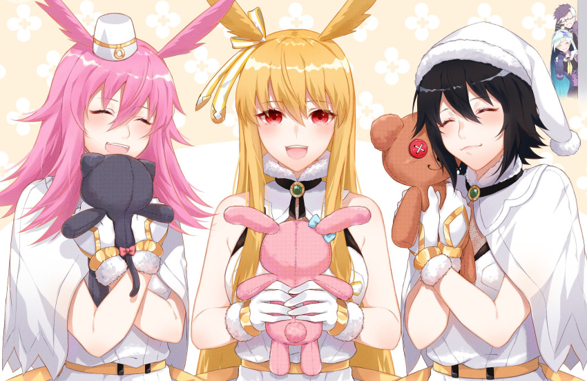 1boy 4girls :d adjusting_eyewear black_hair blonde_hair blue_hair blush brynhildr_(fate) capelet commentary_request dress eyes_closed fate/grand_order fate_(series) fur-trimmed_gloves fur-trimmed_hat fur_trim glasses gloves hair_between_eyes hair_ribbon hat head_wings highres hildr_(fate/grand_order) holding holding_stuffed_animal long_hair mini_hat multicolored_hair multiple_girls open_mouth ortlinde_(fate/grand_order) pink_hair purple_hair red_eyes ribbon rikaya010203 ring_the_bell sailor_dress santa_hat short_hair sigurd_(fate/grand_order) sleeveless sleeveless_dress smile stuffed_animal stuffed_bunny stuffed_cat stuffed_toy teddy_bear thrud_(fate/grand_order) two-tone_hair two-tone_ribbon upper_body valkyrie_(fate/grand_order) very_long_hair white_capelet white_dress white_gloves white_hair white_ribbon yellow_ribbon